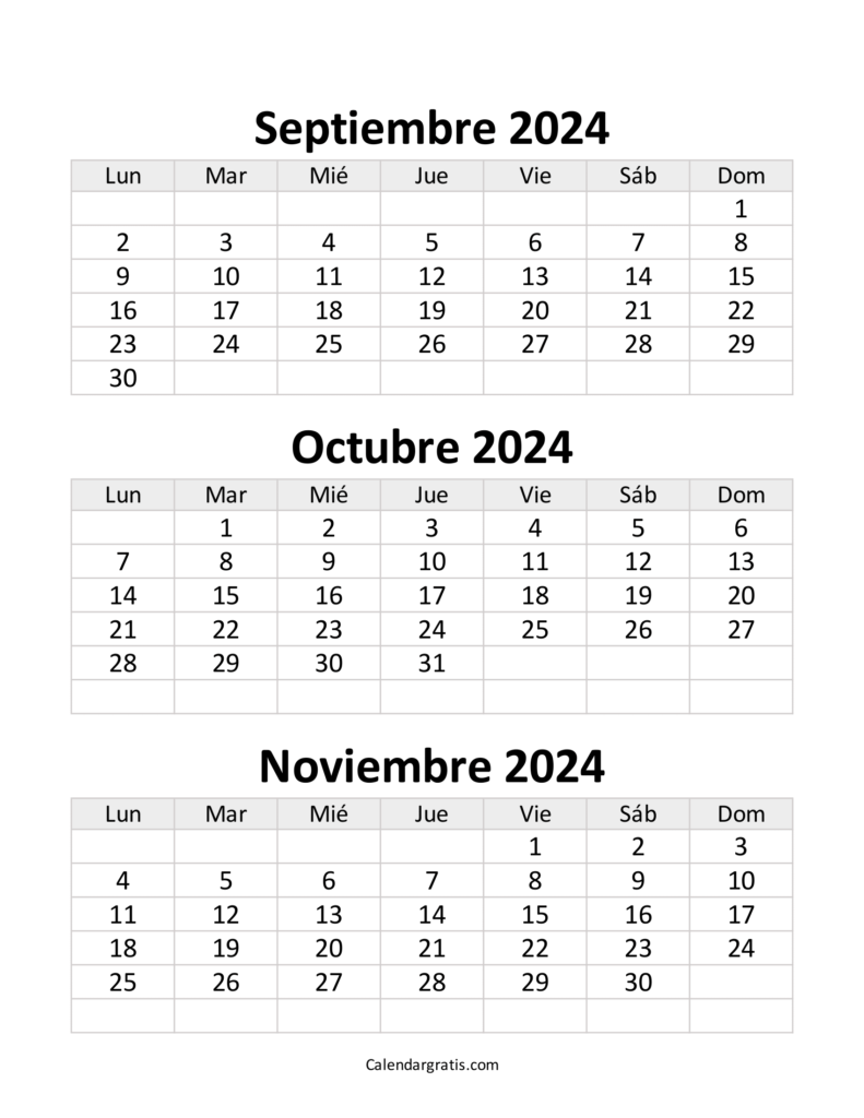 Calendario septiembre octubre y noviembre 2024 para imprimir