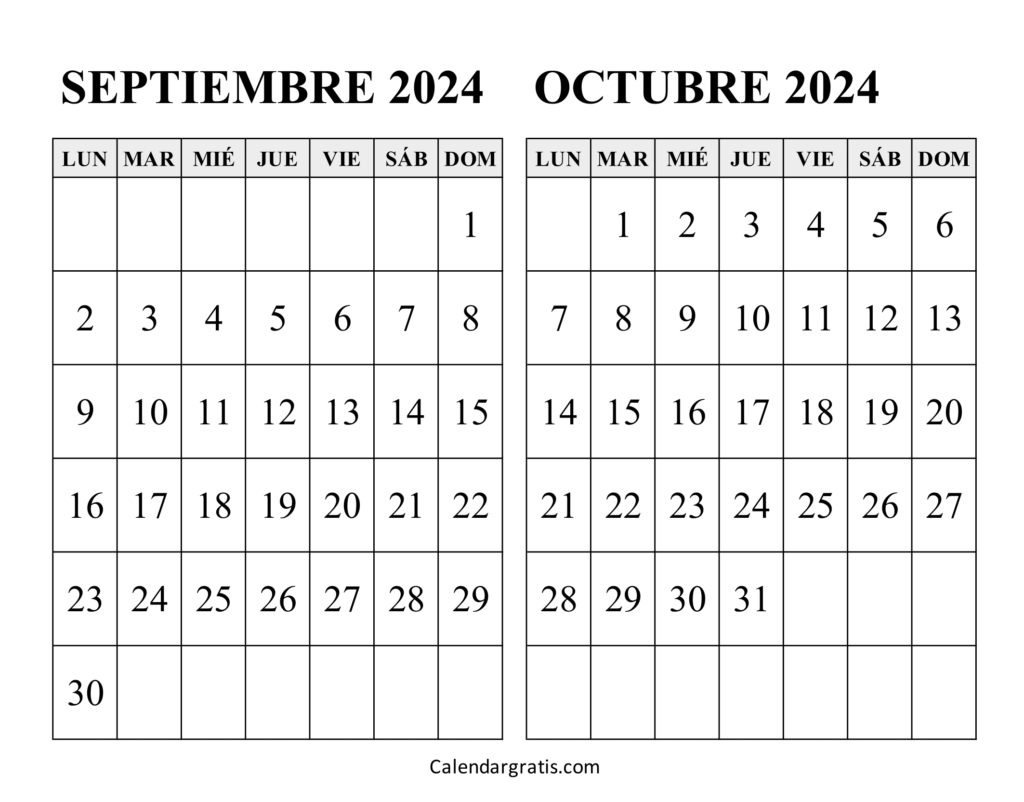 Calendario septiembre y octubre 2024 para imprimir gratis