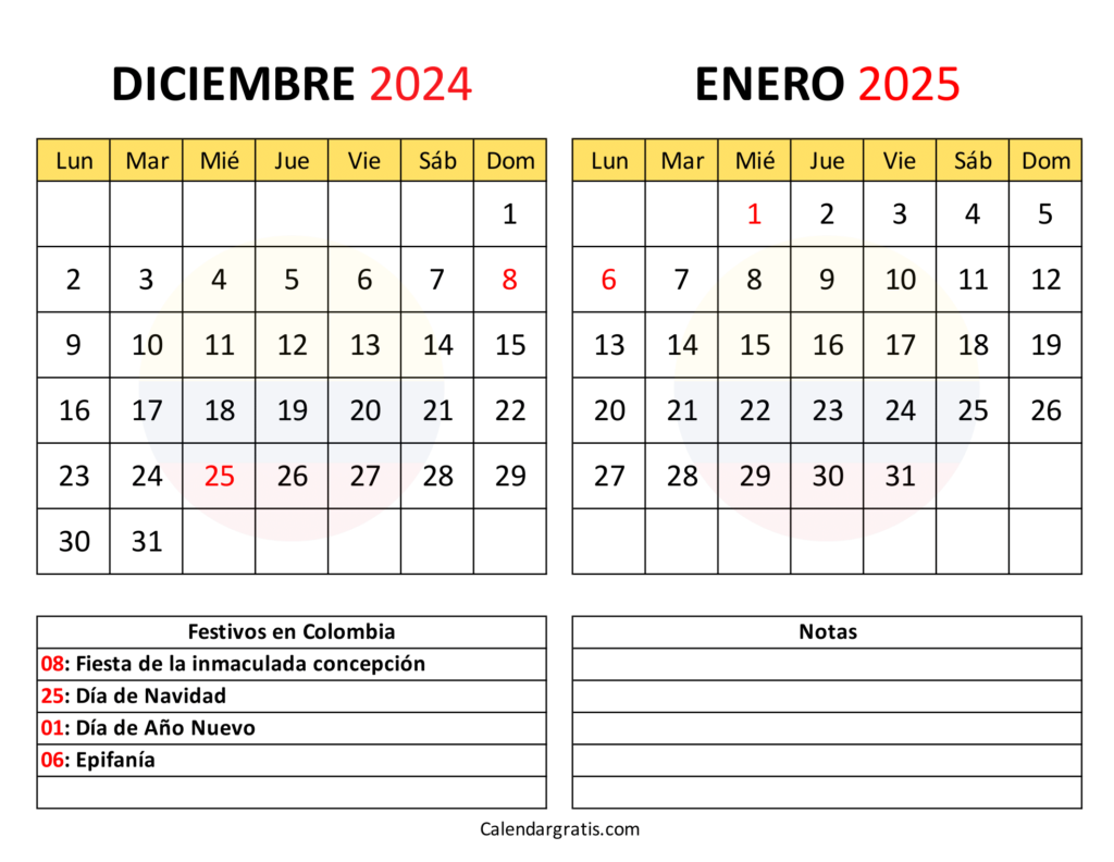 Diciembre enero 2025 calendario Colombia