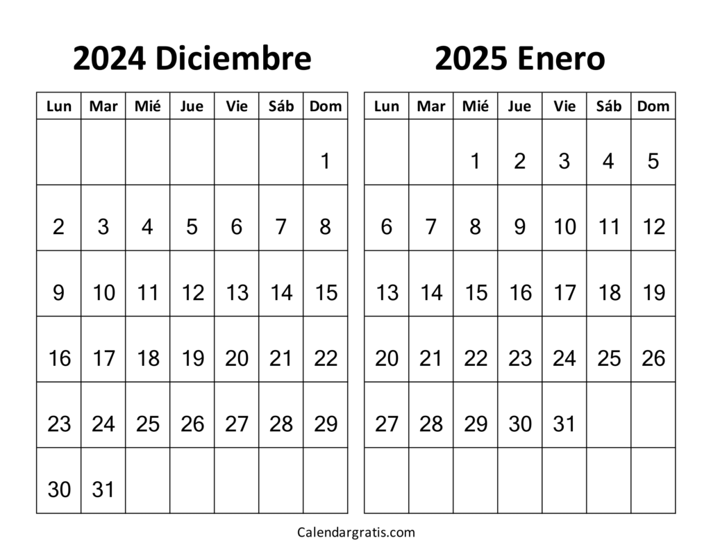 Diciembre enero 2025 calendario gratis