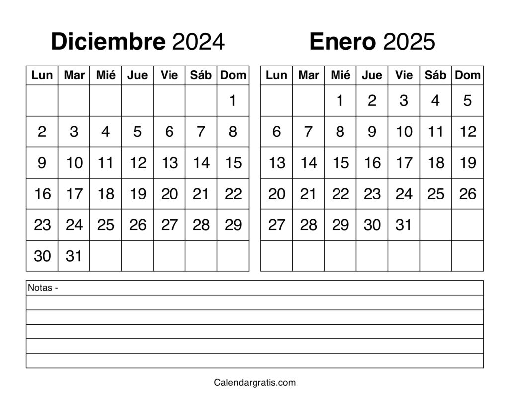 Diciembre enero 2025 calendario para imprimir