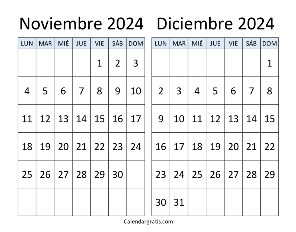 Noviembre diciembre 2024 calendario