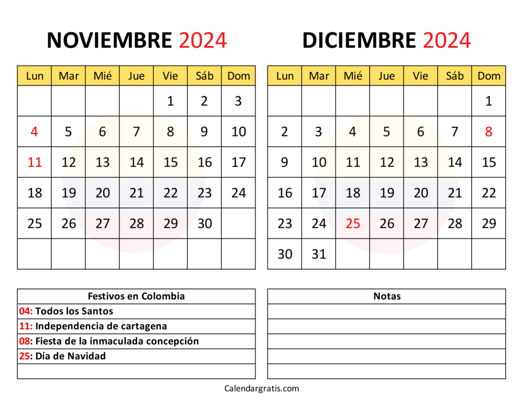 Noviembre diciembre 2024 calendario Colombia