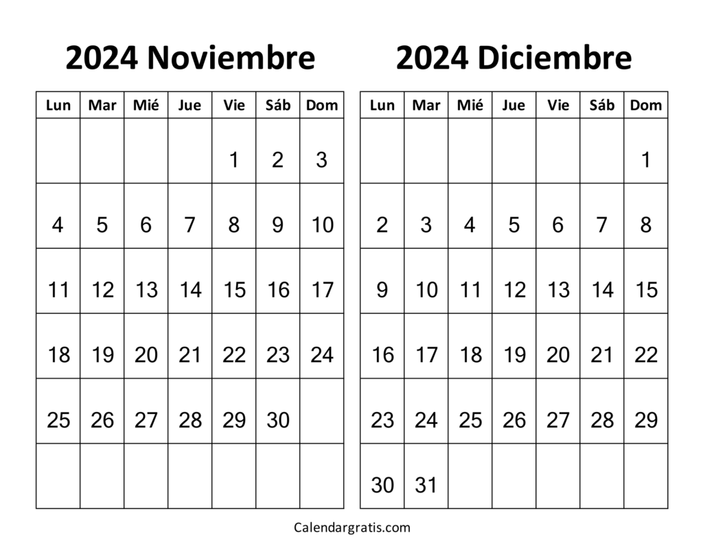 Noviembre diciembre 2024 calendario gratis