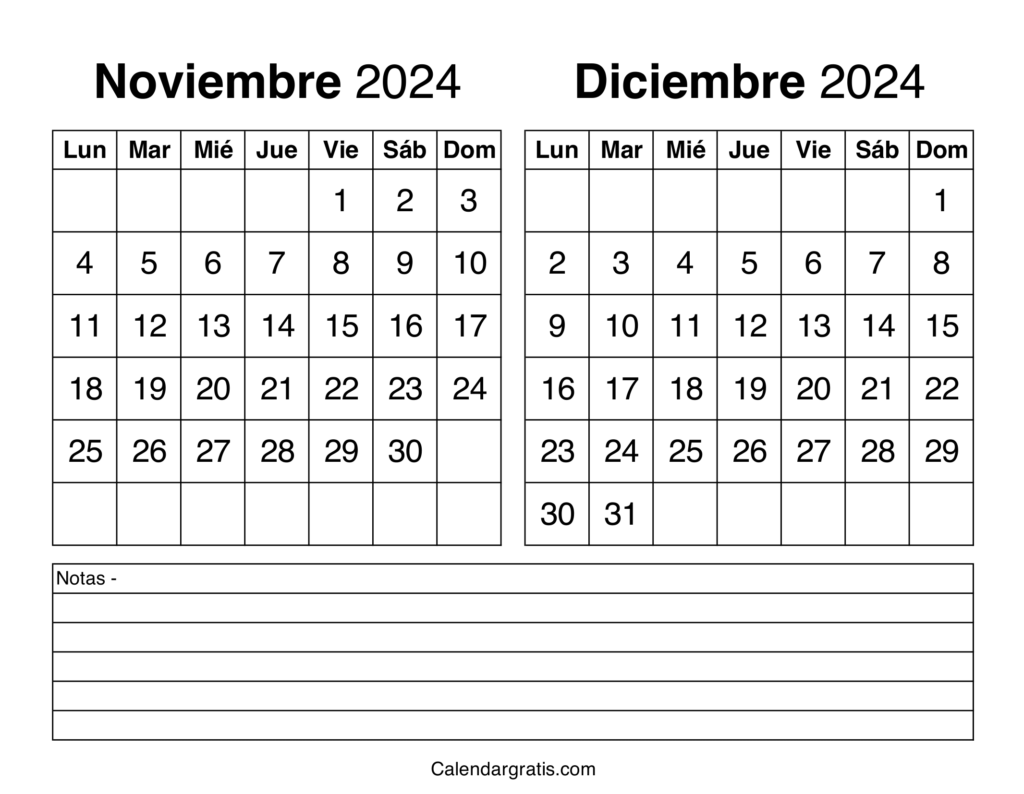 Noviembre diciembre 2024 calendario para imprimir