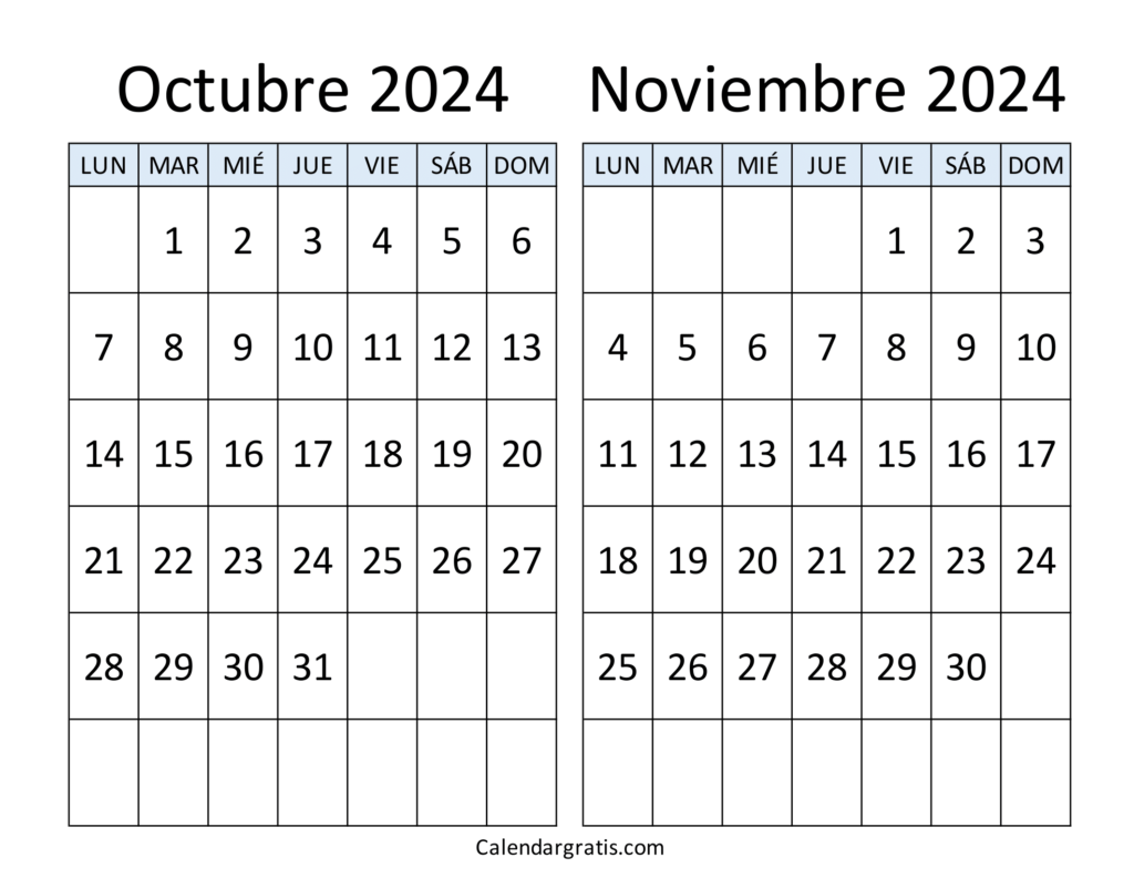 Octubre noviembre 2024 calendario