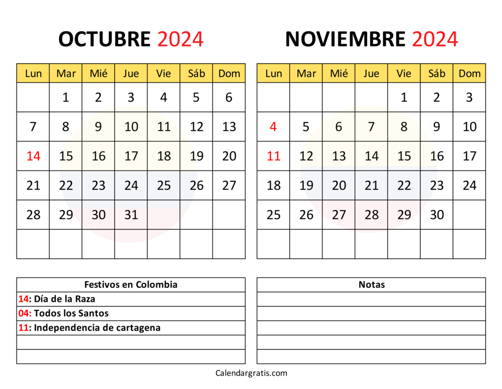 Octubre noviembre 2024 calendario Colombia