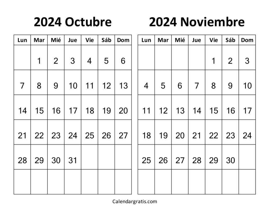 Octubre noviembre 2024 calendario gratis