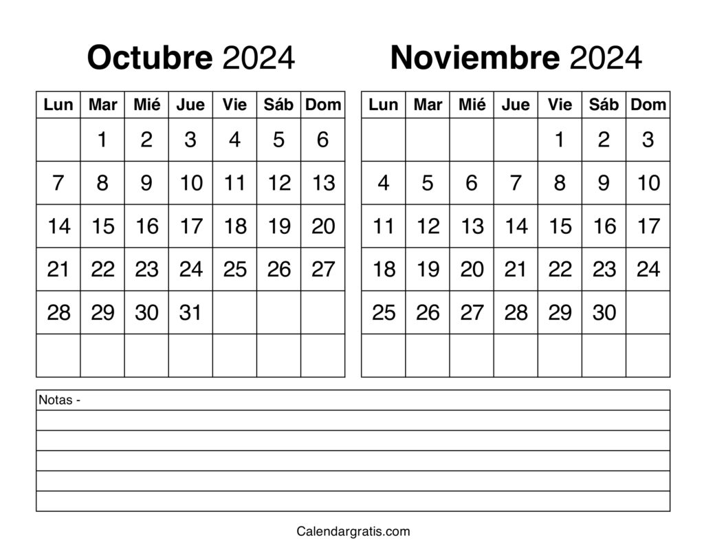 Octubre noviembre 2024 calendario para imprimir