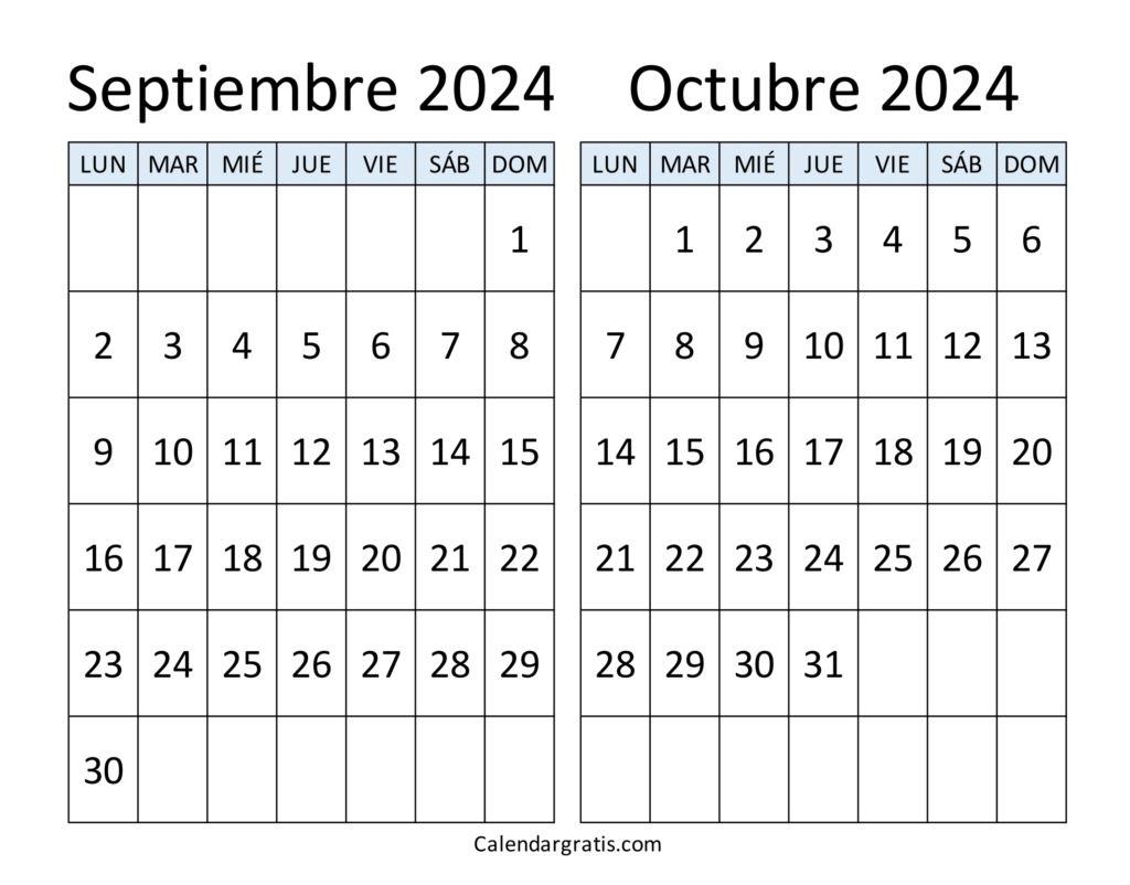 Septiembre octubre 2024 calendario