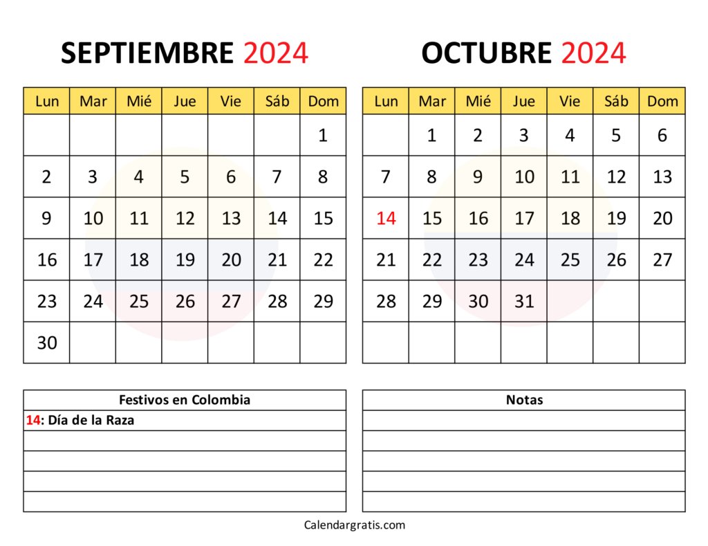 Septiembre octubre 2024 calendario Colombia