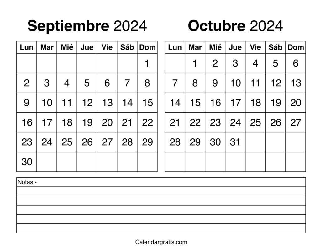 Septiembre octubre 2024 calendario para imprimir