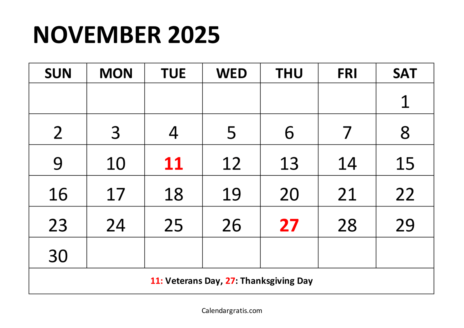 November 2025 Calendar with Holidays
