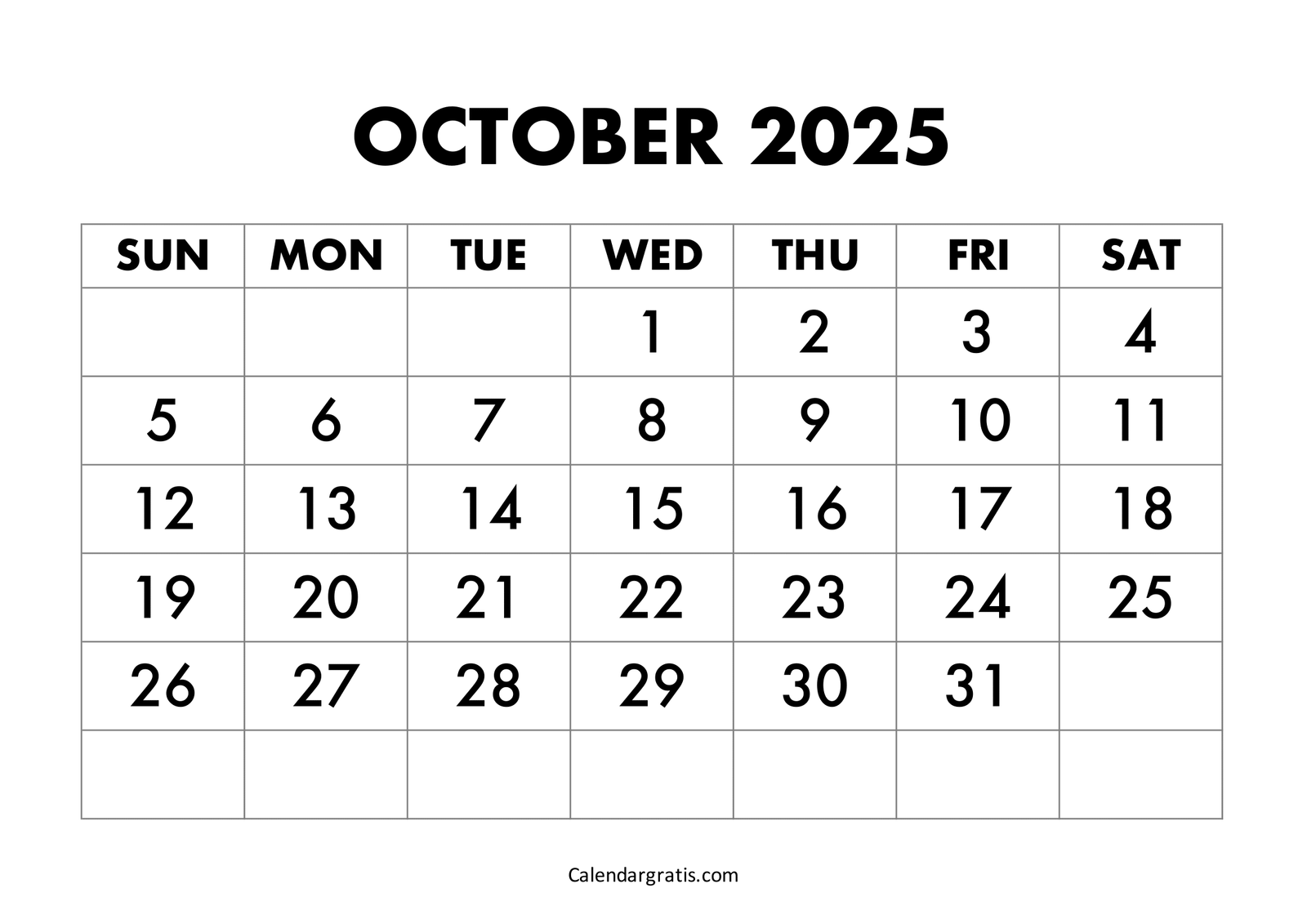 October 2025 Calendar with Bold Monthly Dates