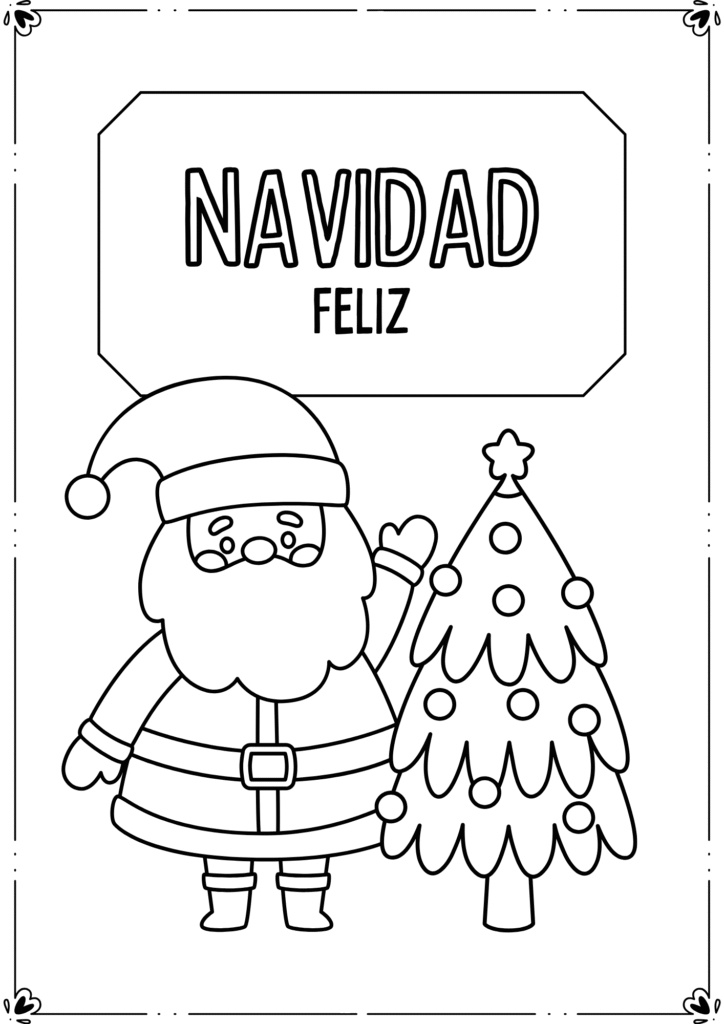 Dibujos de Navidad para Colorear de Papá Noel junto al árbol