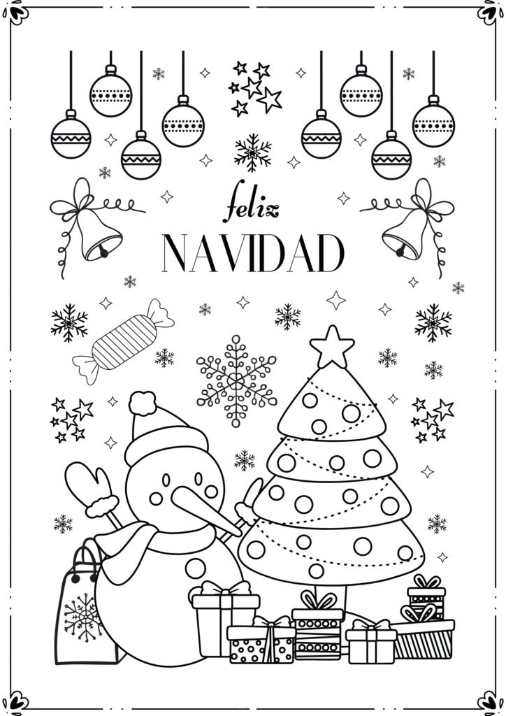 Dibujos de Navidad para Colorear — Muñeco de nieve con árbol y regalos