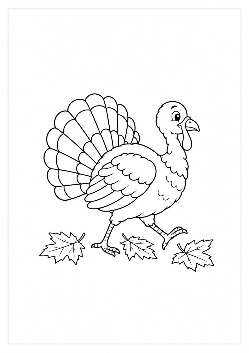Pavo caminando entre hojas: dibujo de Acción de Gracias para colorear