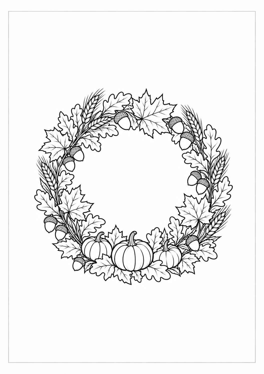 Corona de otoño con calabazas: dibujo de Acción de Gracias para colorear