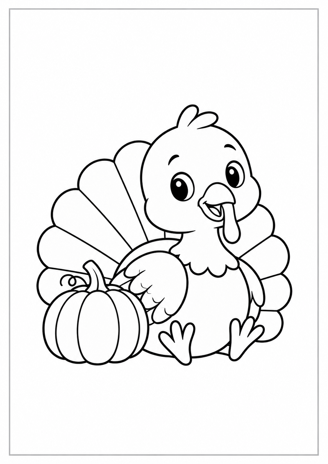 Pavito sentado junto a una calabaza: dibujo de Acción de Gracias para colorear