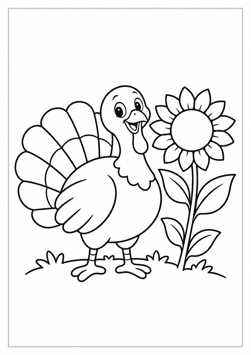 Pavo junto a un girasol: dibujo de Acción de Gracias para colorear
