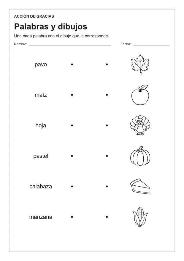 Ficha de Acción de Gracias: Palabras y dibujos
