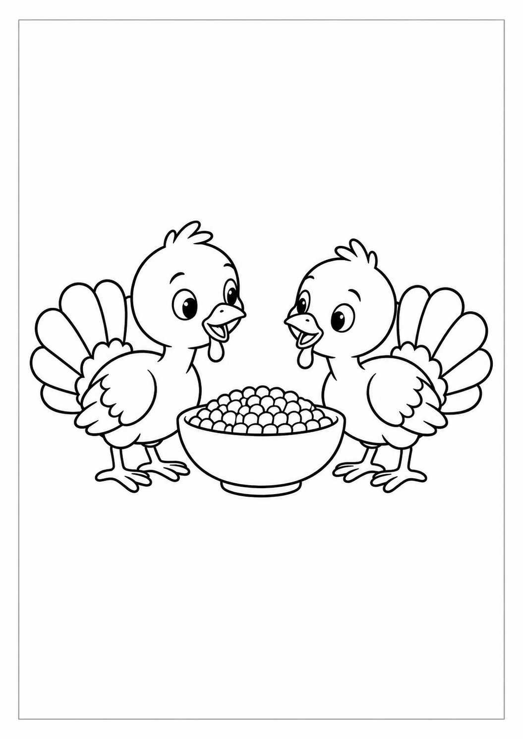 Dos pavitos compartiendo maíz: dibujo de Acción de Gracias para colorear