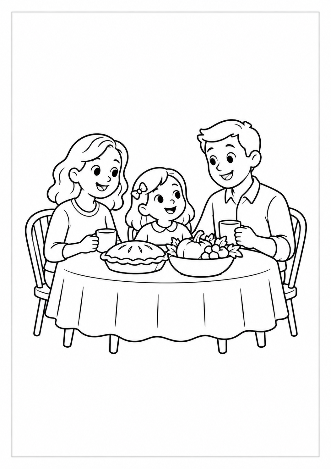Familia reunida a la mesa: dibujo de Acción de Gracias para colorear