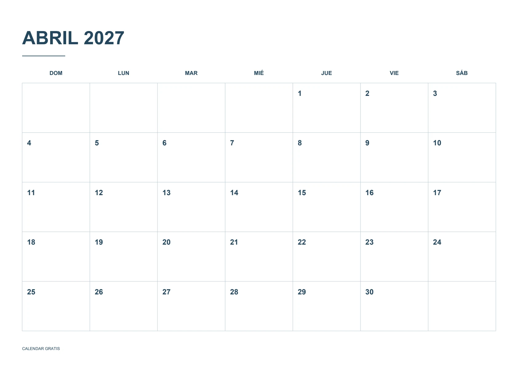 Calendario de abril de 2027, cuadrícula clásica, azul marino, A4 horizontal, inicio en domingo.