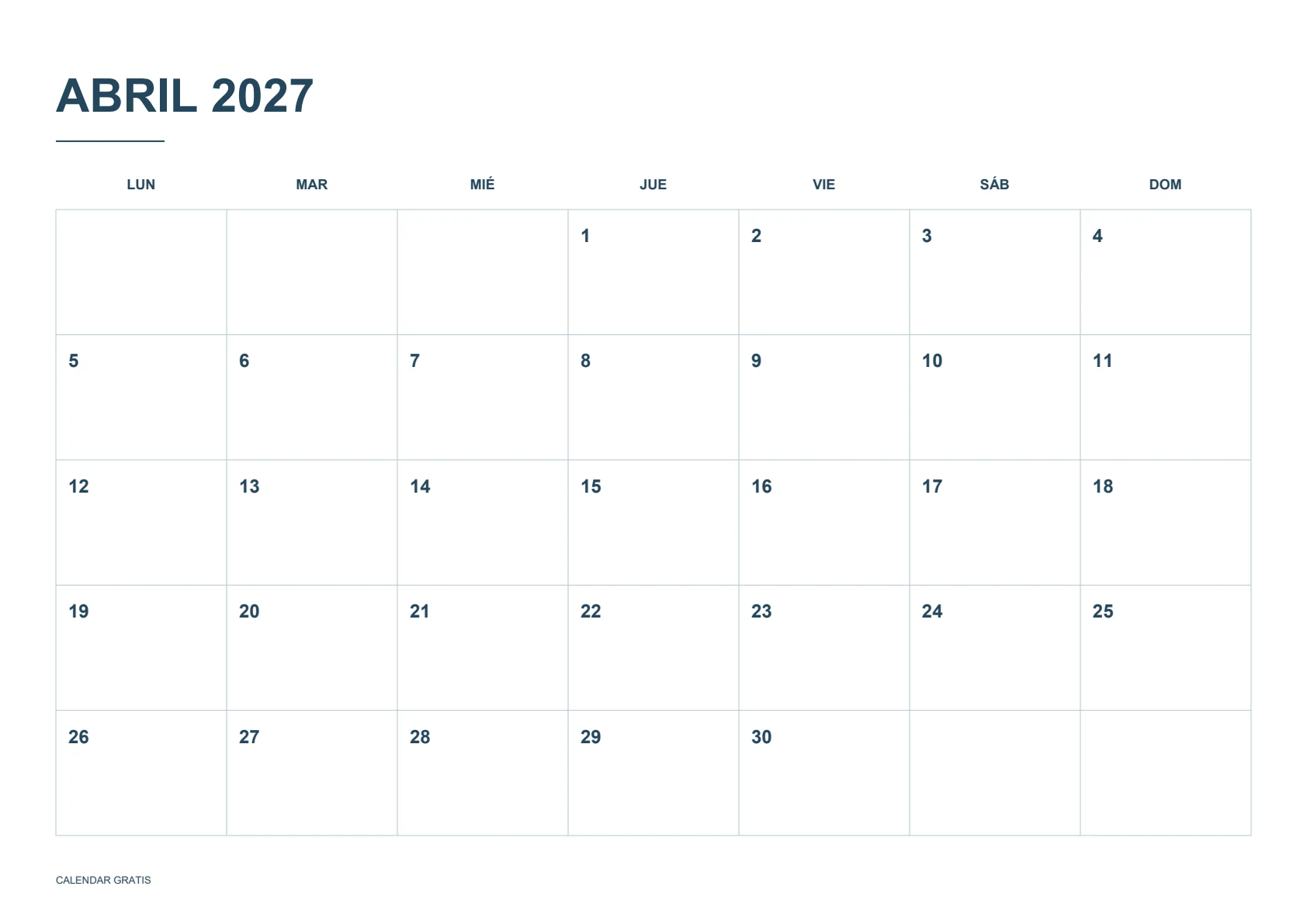 Calendario de abril 2027 para imprimir