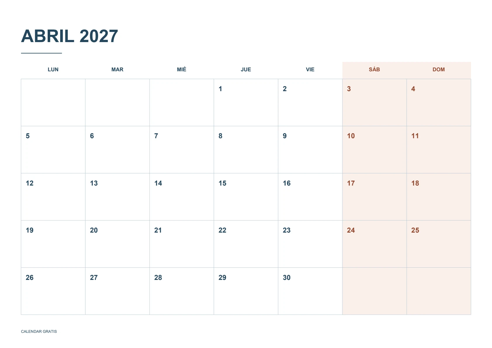 Calendario de abril de 2027, fines de semana destacados, azul marino con fines de semana en terracota, A4 horizontal, inicio en lunes.