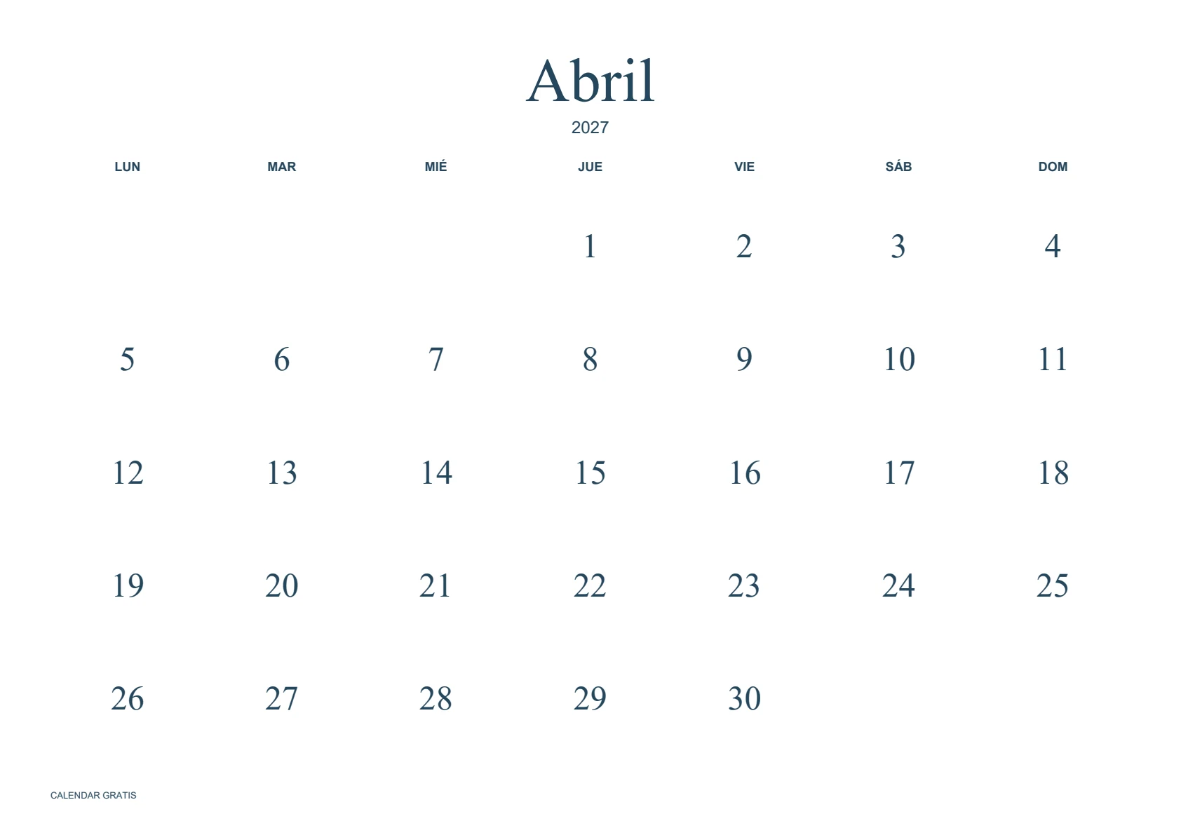 Calendario de abril de 2027, minimalista sin bordes, azul marino, A4 horizontal, inicio en lunes.