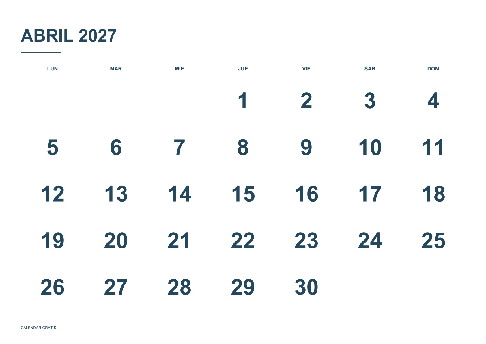Calendario de abril de 2027, números grandes, azul marino, A4 horizontal, inicio en lunes.
