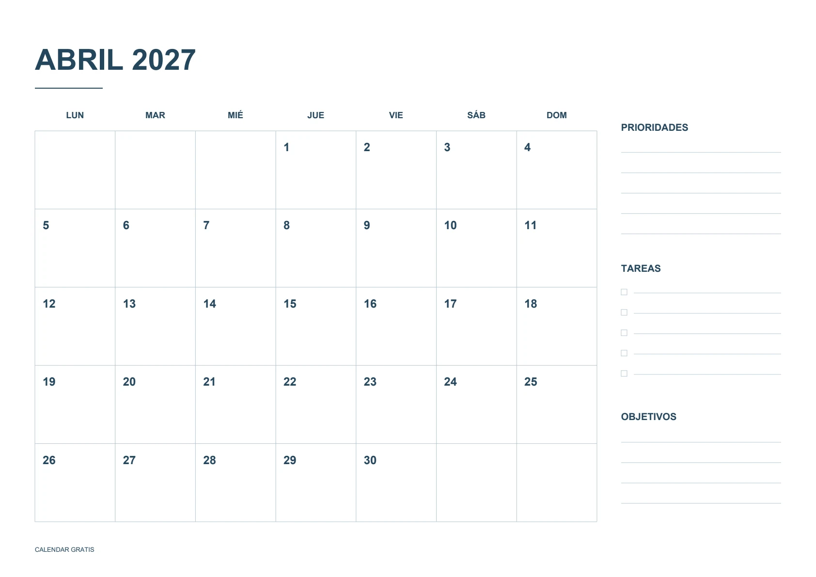 Calendario de abril de 2027, planificador mensual, azul marino, A4 horizontal, inicio en lunes.