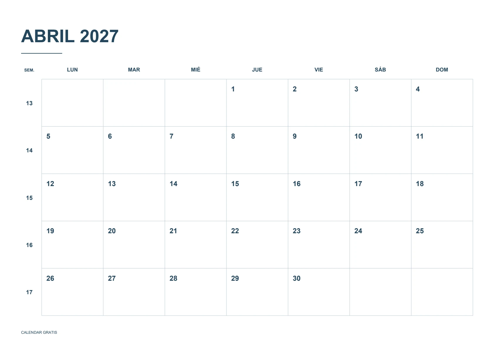 Calendario de abril de 2027, calendario con semanas numeradas, azul marino, A4 horizontal, inicio en lunes.