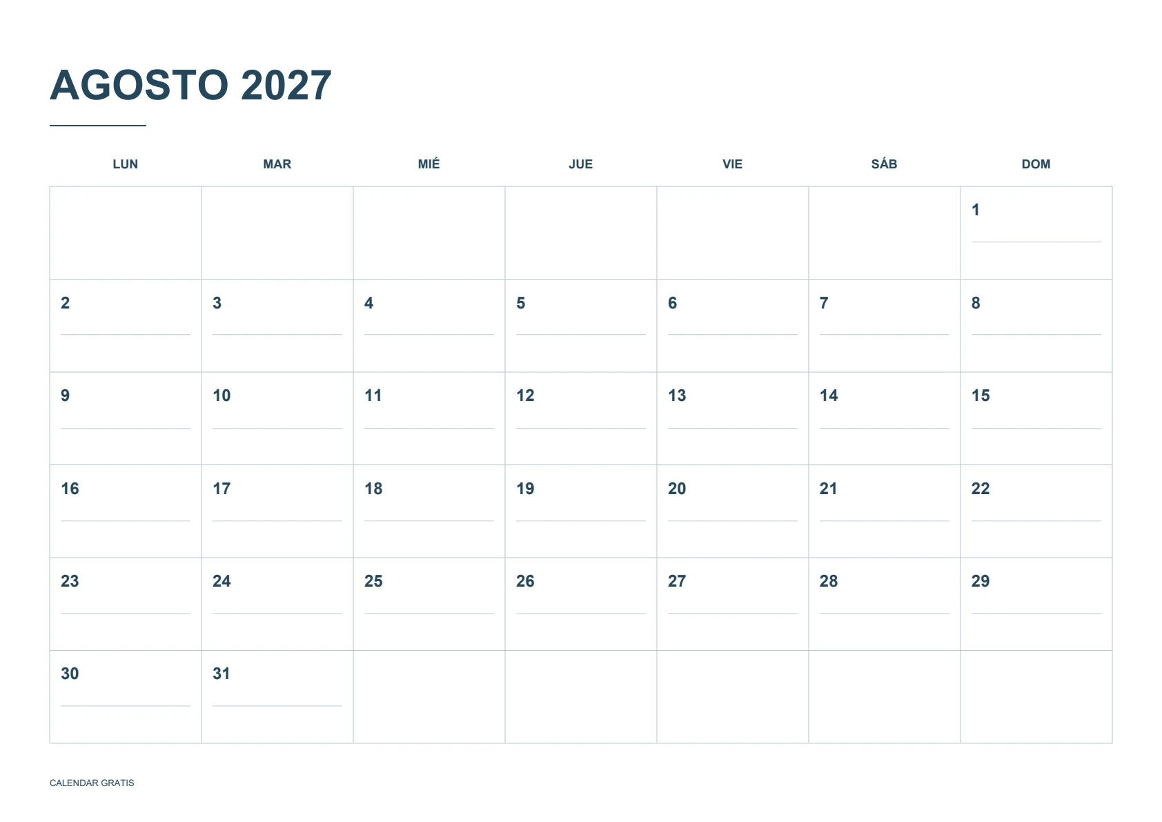 Calendario de agosto de 2027, casillas con líneas, azul marino, A4 horizontal, inicio en lunes.