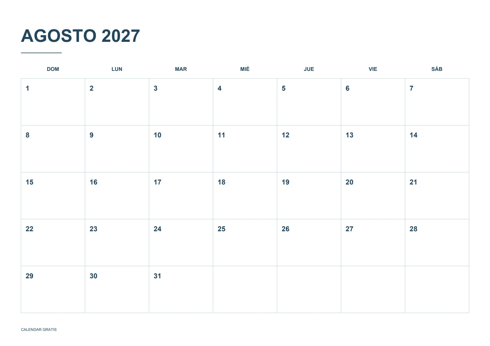 Calendario de agosto de 2027, cuadrícula clásica, azul marino, A4 horizontal, inicio en domingo.