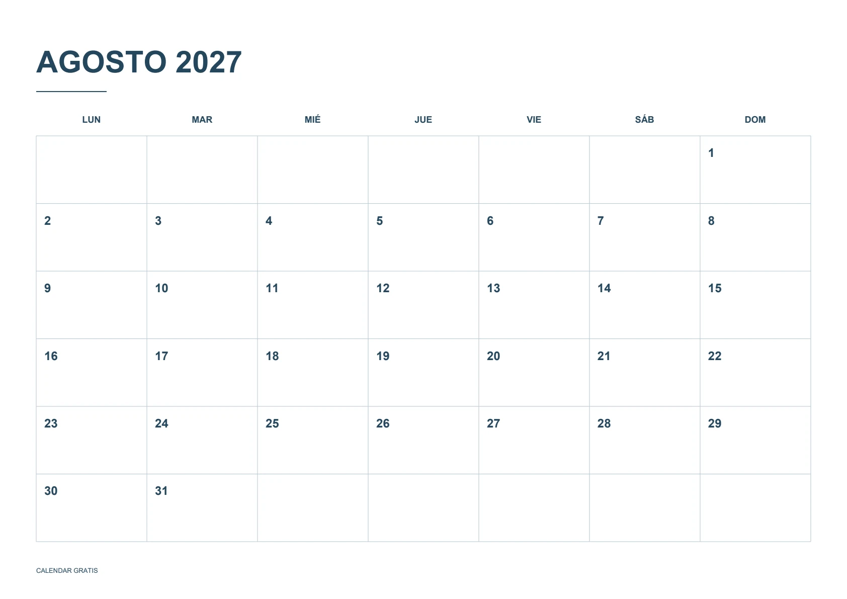 Calendario de agosto 2027 para imprimir