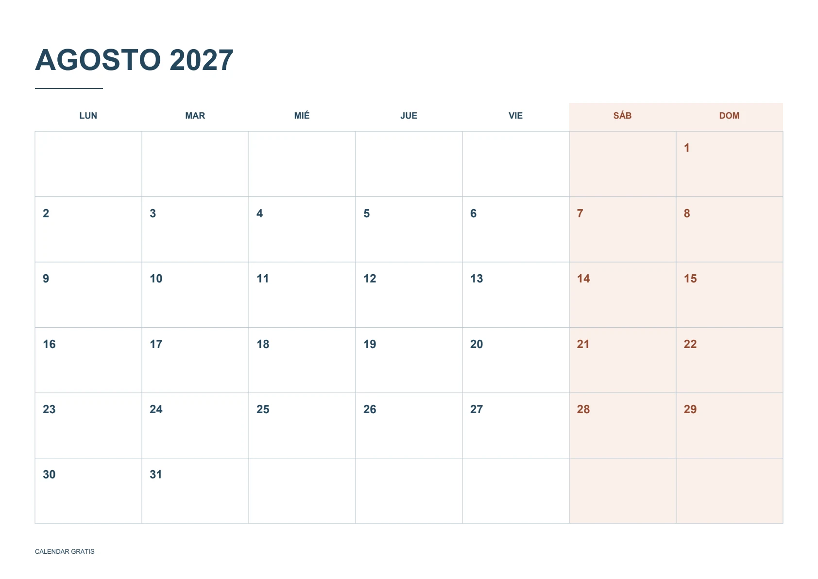 Calendario de agosto de 2027, fines de semana destacados, azul marino con fines de semana en terracota, A4 horizontal, inicio en lunes.