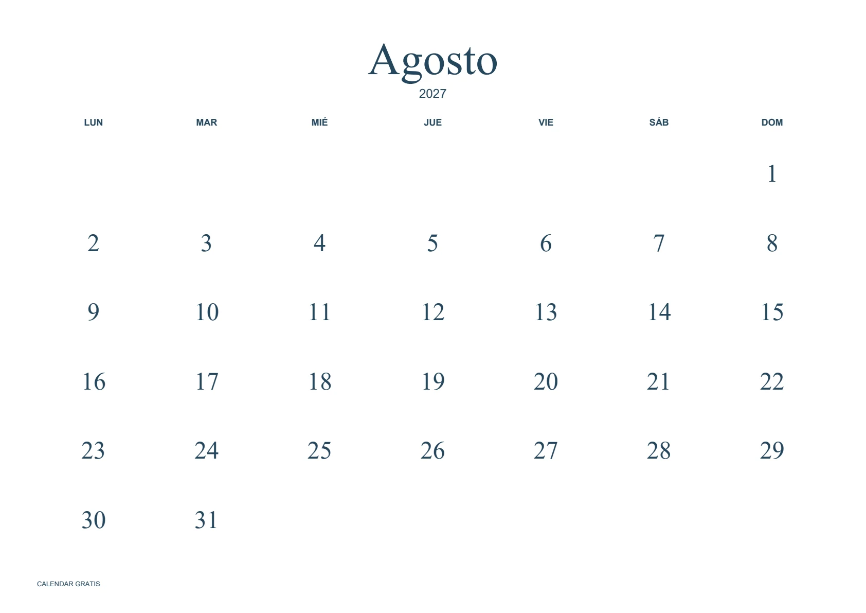 Calendario de agosto de 2027, minimalista sin bordes, azul marino, A4 horizontal, inicio en lunes.