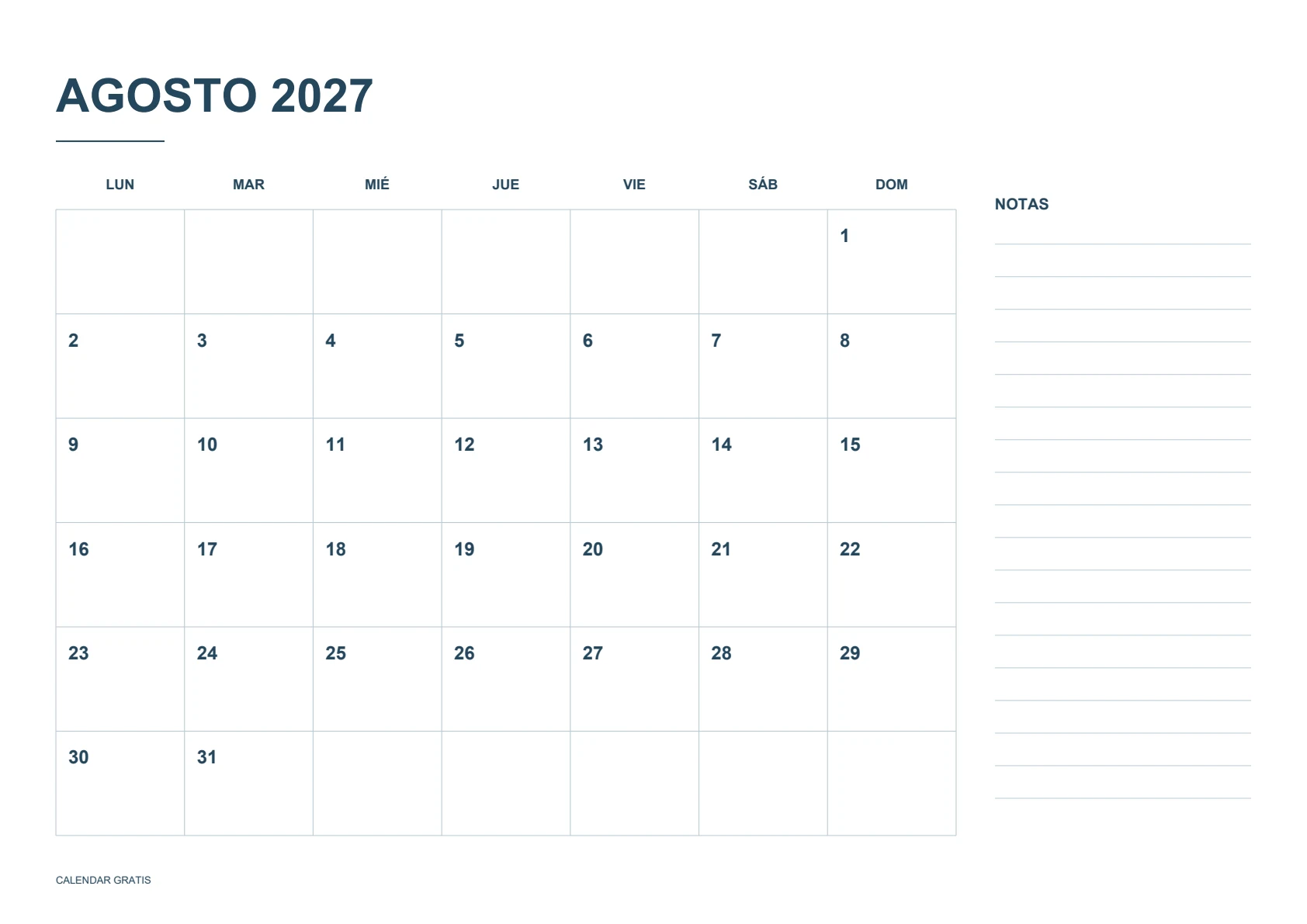 Calendario de agosto de 2027, calendario con notas, azul marino, A4 horizontal, inicio en lunes.