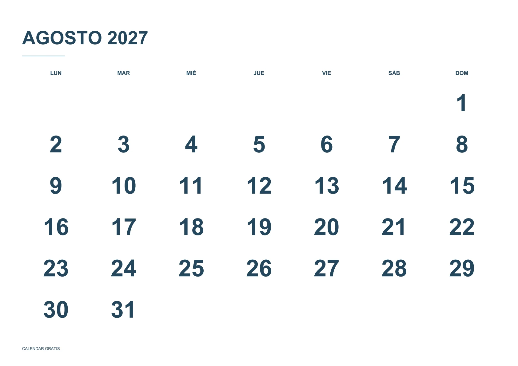 Calendario de agosto de 2027, números grandes, azul marino, A4 horizontal, inicio en lunes.