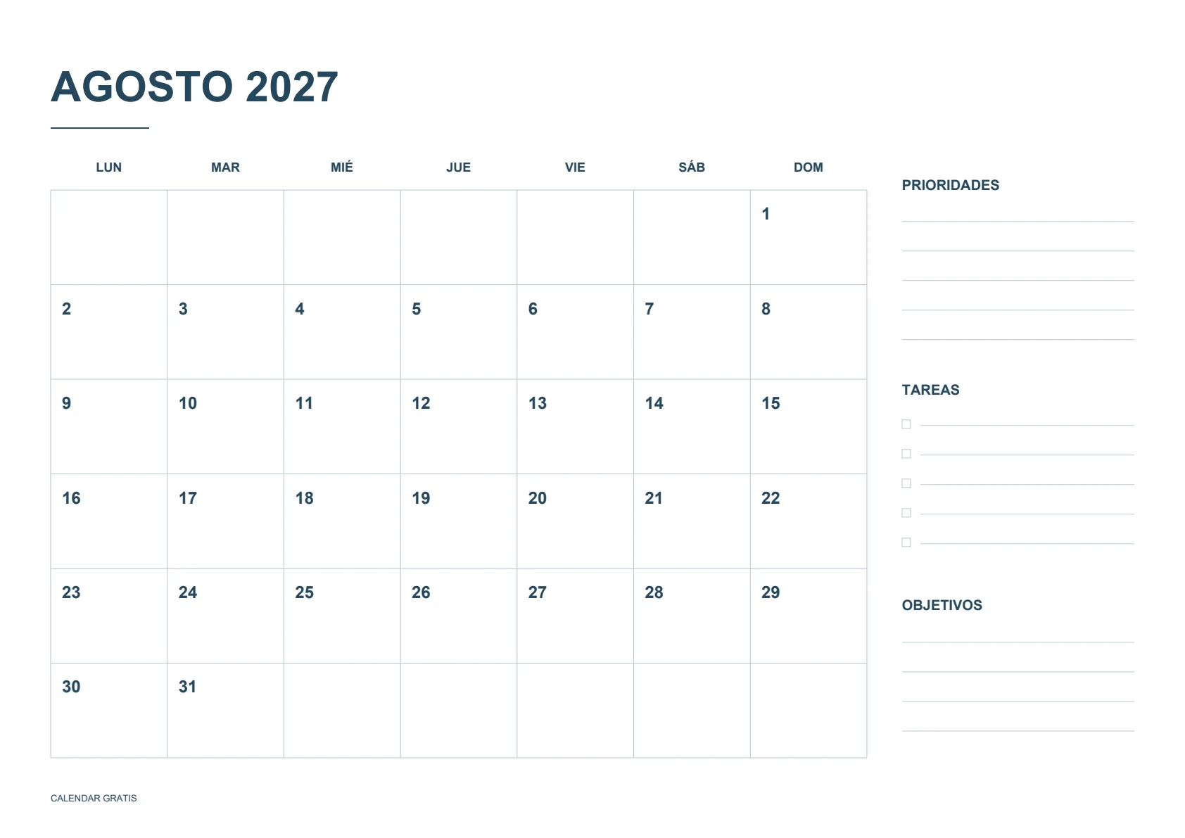 Calendario de agosto de 2027, planificador mensual, azul marino, A4 horizontal, inicio en lunes.