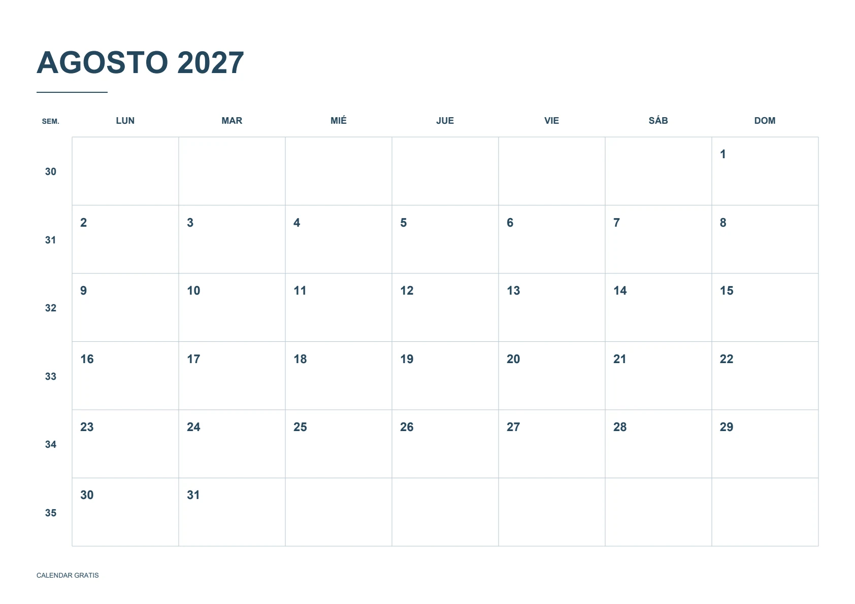 Calendario de agosto de 2027, calendario con semanas numeradas, azul marino, A4 horizontal, inicio en lunes.
