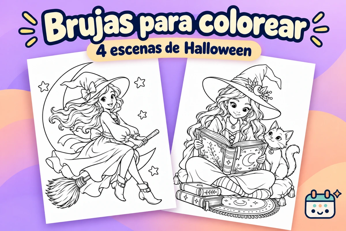 Brujas de Halloween para colorear e imprimir: composición con muestras de las fichas imprimibles y el logotipo de Calendar Gratis.