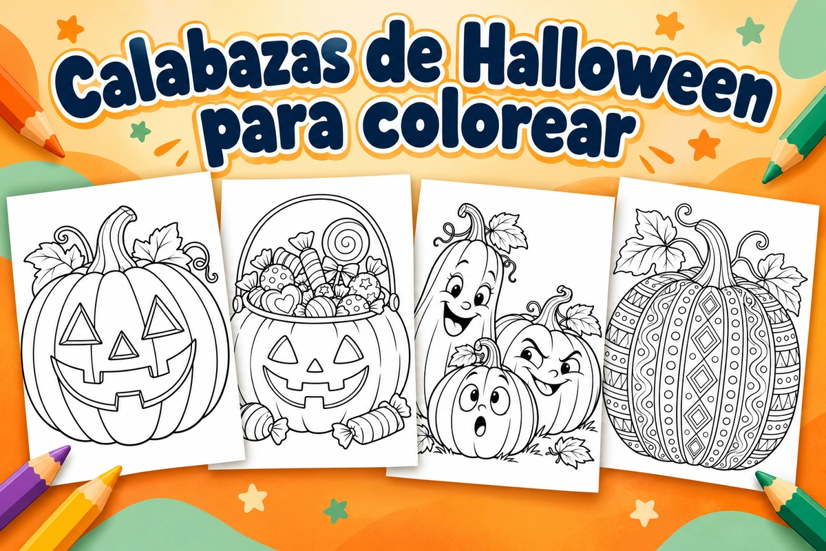Colección de cuatro dibujos de calabazas de Halloween para colorear: linterna, cesta de dulces, tres caras y patrones decorativos.