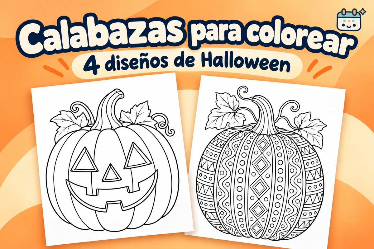 Calabazas de Halloween para colorear e imprimir: composición con muestras de las fichas imprimibles y el logotipo de Calendar Gratis.