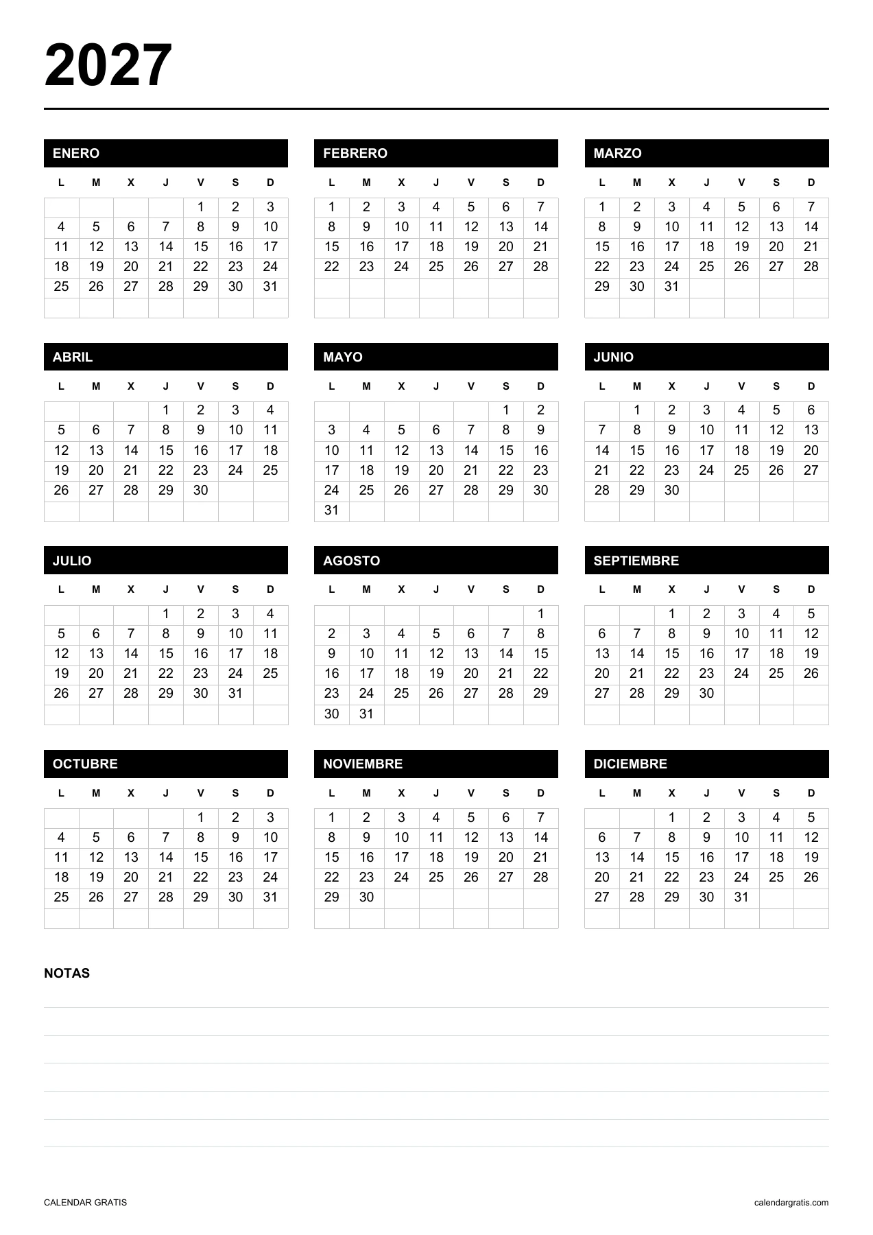 Calendario 2027: blanco y negro con notas debajo