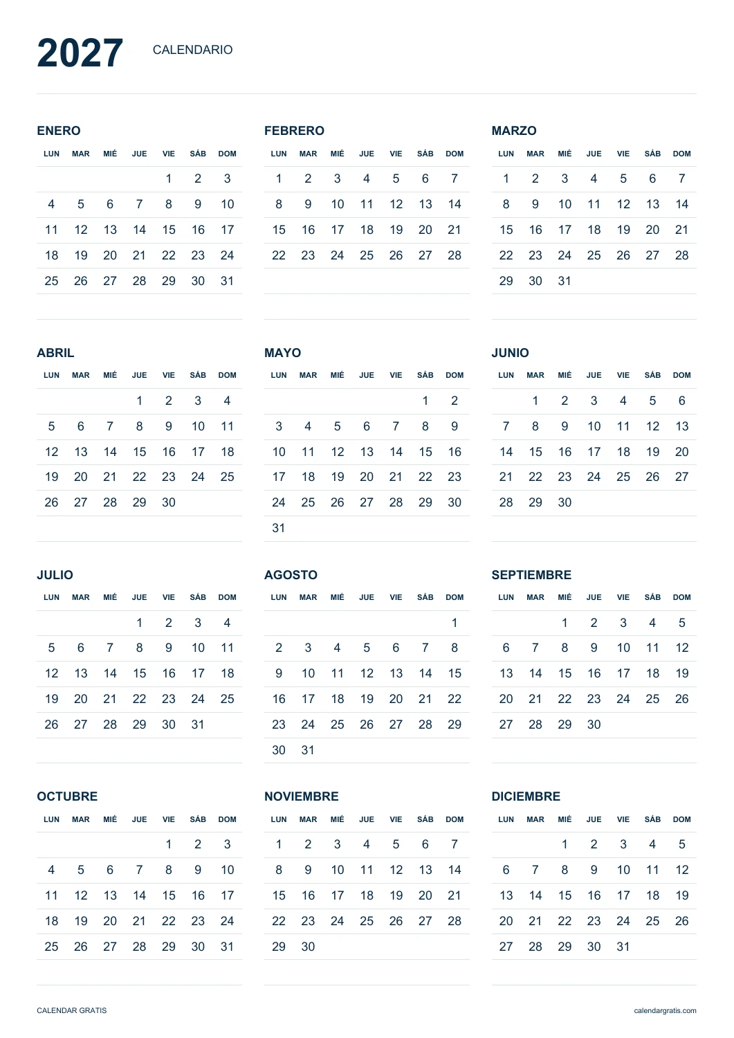 Calendario 2027 clásico vertical con los doce meses en una hoja