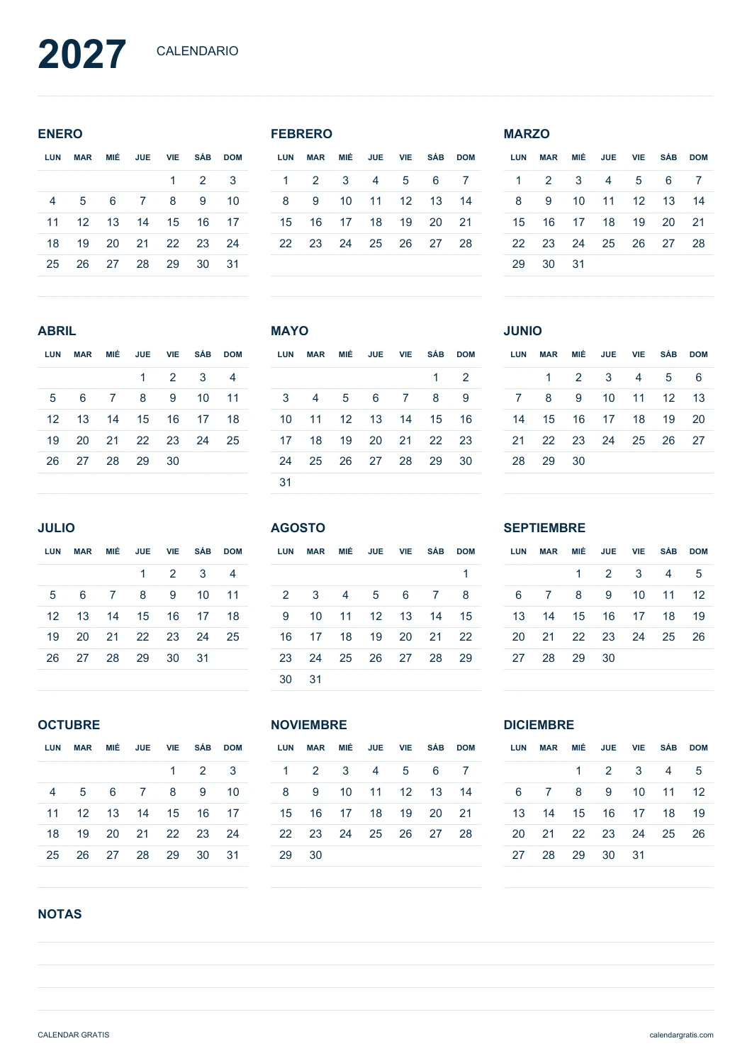 Calendario 2027 vertical con los doce meses y líneas para notas