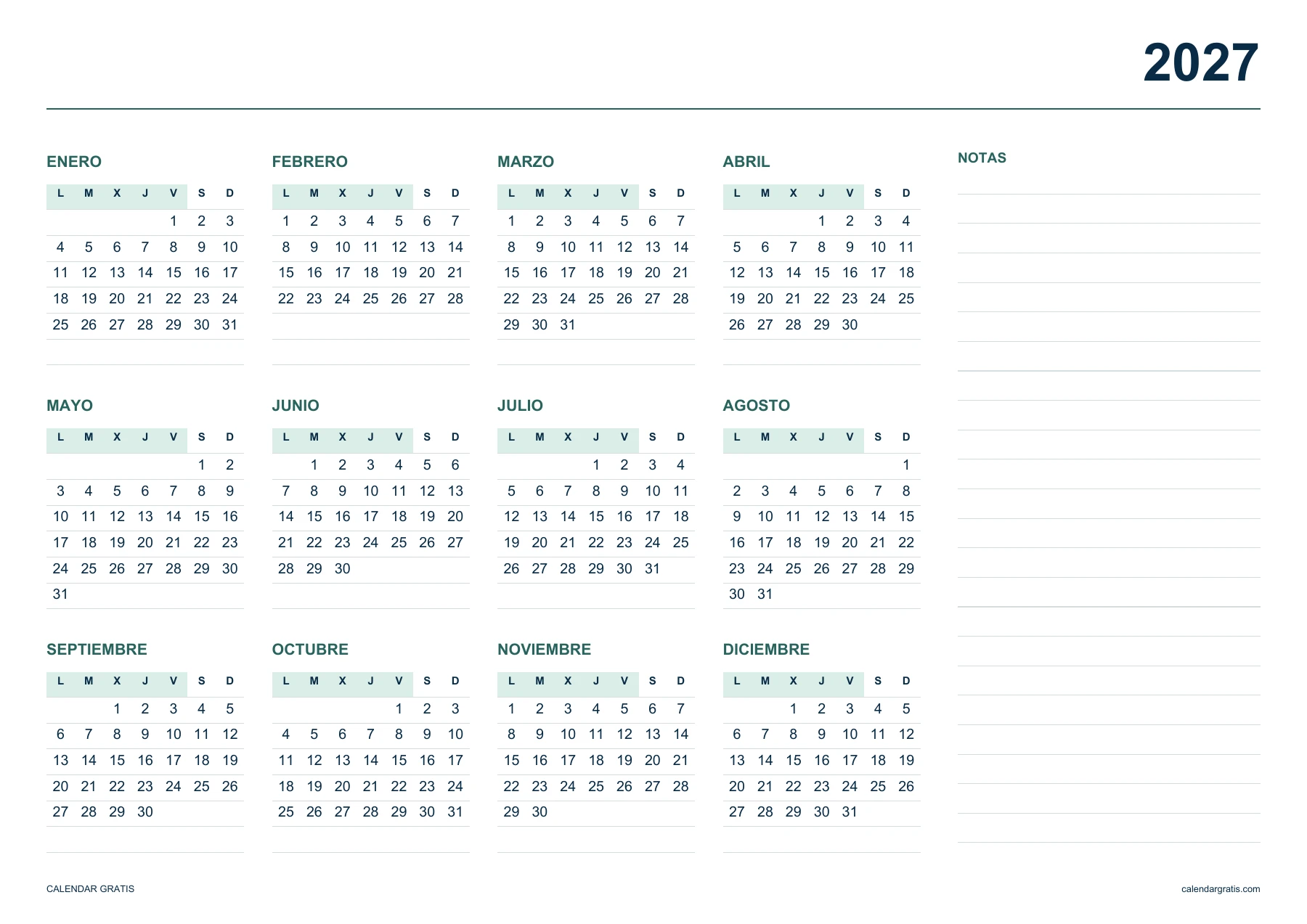Calendario 2027: días de lunes a viernes destacados